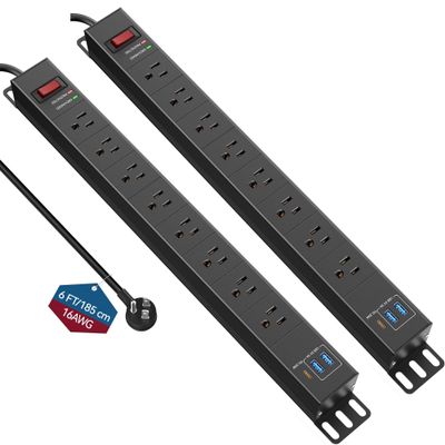 2 Packs 8 Outlet Heavy Duty Power Strip with USB PD 20W, BTU Surge Protector 6FT Cord Long Power Strip with USB A & USB C, Wide Spaced and Wall Mount Metal Powerstrip for Home Office Garage Workshop