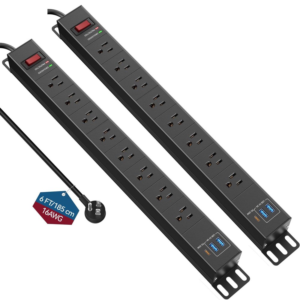 2 Packs 8 Outlet Heavy Duty Power Strip with USB PD 20W, BTU Surge Protector 6FT Cord Long Power Strip with USB A & USB C, Wide Spaced and Wall Mount Metal Powerstrip for Home Office Garage Workshop