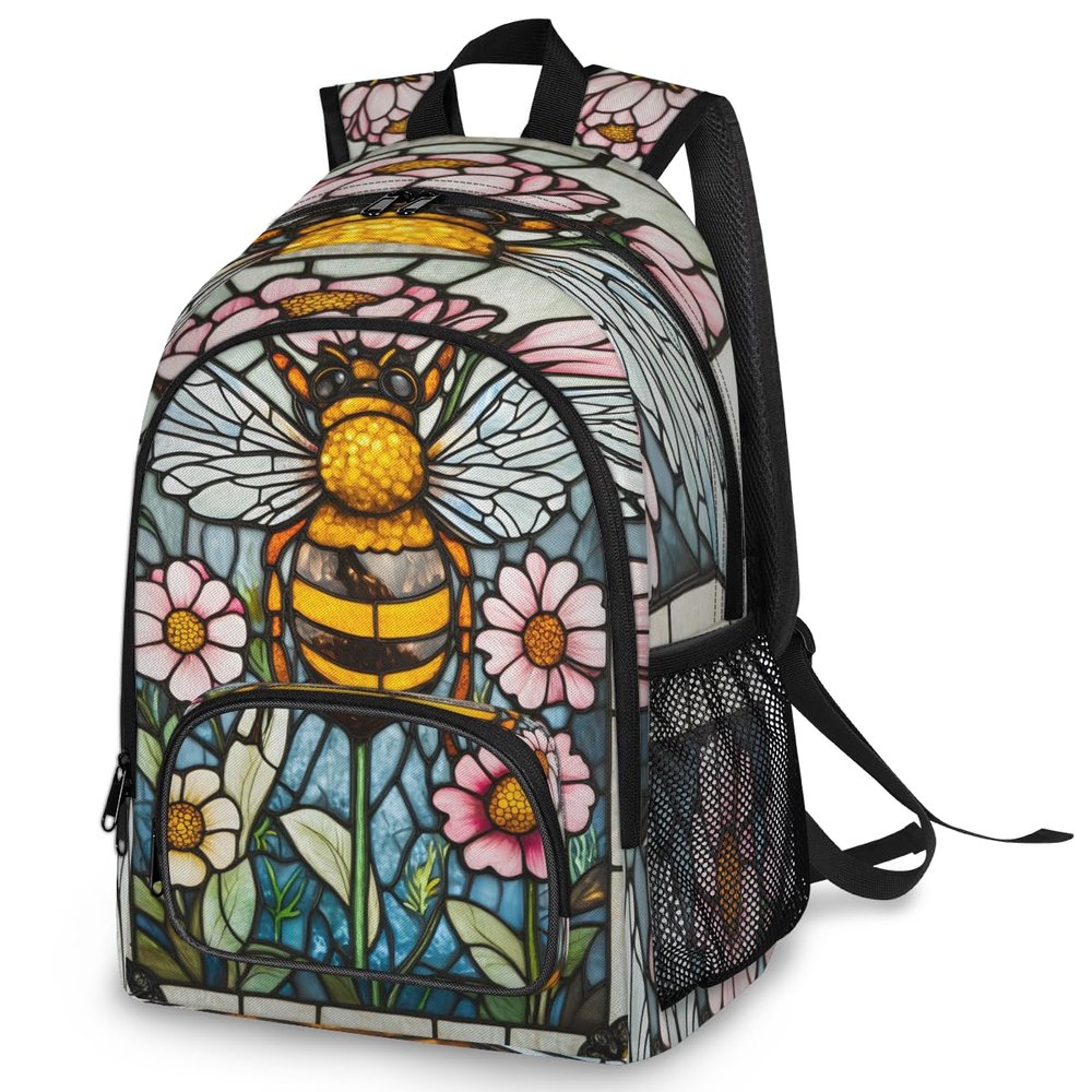 BICUUZHI Honey Bee Stained Glass Laptop Backpack for Women Men 18.3 Inch Waterproof Large Computer Backpacks Nurse Bussiness Casual Bag
