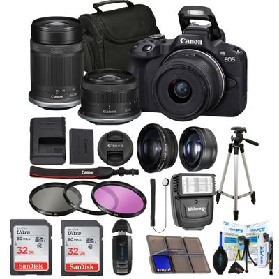 Canon EOS R50 Mirrorless Vlogging Camera (Black) w/RF-S18-45mm F4.5-6.3 is STM Lens (Renewed) (Camera w/ 2 Lens + Sunshine Pro Bundle)