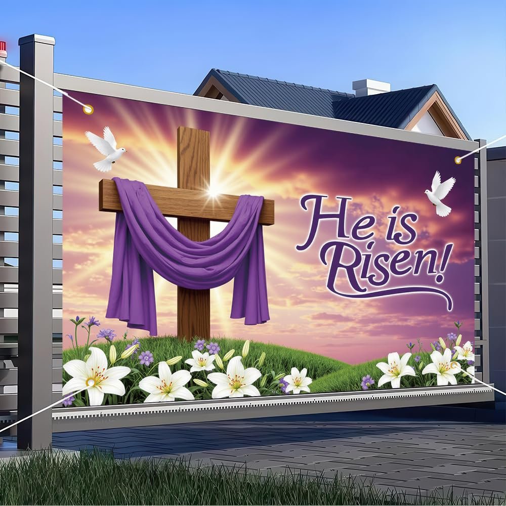 MQCGLJ 180x110cm He is Risen Easter Photo Backdrop Cross Dove Lily Floral Photography Background Religious Event Gathering Celebration Party Decoration Banner Polyester