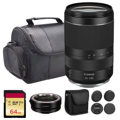Canon RF 24-240mm f/4-6.3 IS USM Lens | All-in-One Superzoom with Image Stabilization, Wide 10x Zoom Range, & Fast USM AF | Ideal for Travel & Everyday Photography (3684C002) + Adapter EF-EOS R + More