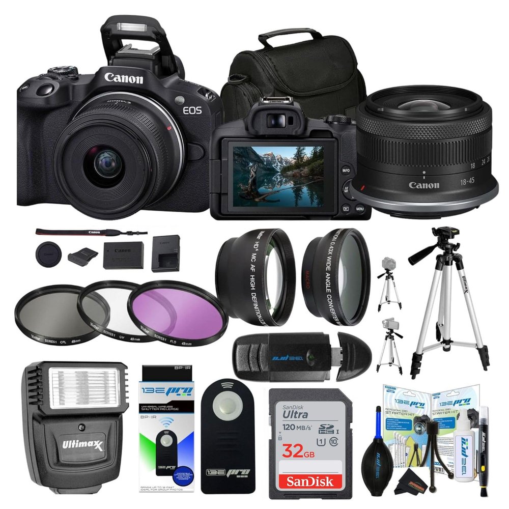Canon EOS R50 Mirrorless Vlogging Camera (Black) w/RF-S18-45mm F4.5-6.3 is STM Lens (Renewed) (Camera w/RF-S18-45mm Lens + Sunshine Pro Bundle)