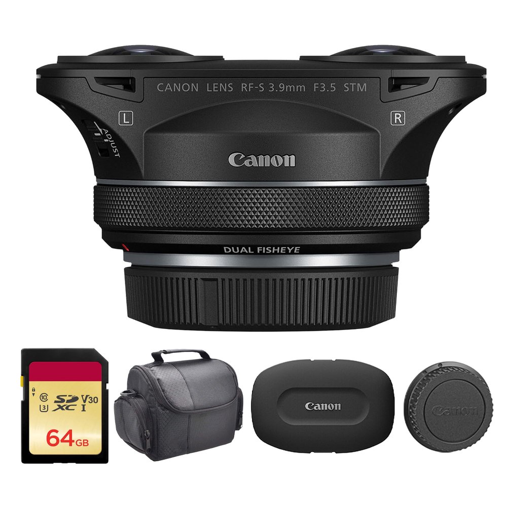 Canon RF-S 3.9mm f/3.5 STM Dual Fisheye Lens | Compact APS-C VR Lens with Dual Optics, Smooth STM AF & Lightweight Design | Ideal for VR, Immersive Video & 3D Content (6578C002) + 64GB Card + Bag