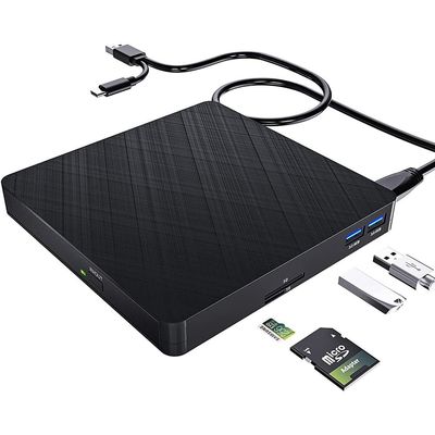 5 in 1 External CD DVD Drive, USB 3.0 & Type-C Portable CD DVD Burner with SD/TF Card Reader and 2 USB Ports, External Optical CD/DVD Drives for PC Desktop/Laptop/Linux//Windows 11/10/8/7 (Black)