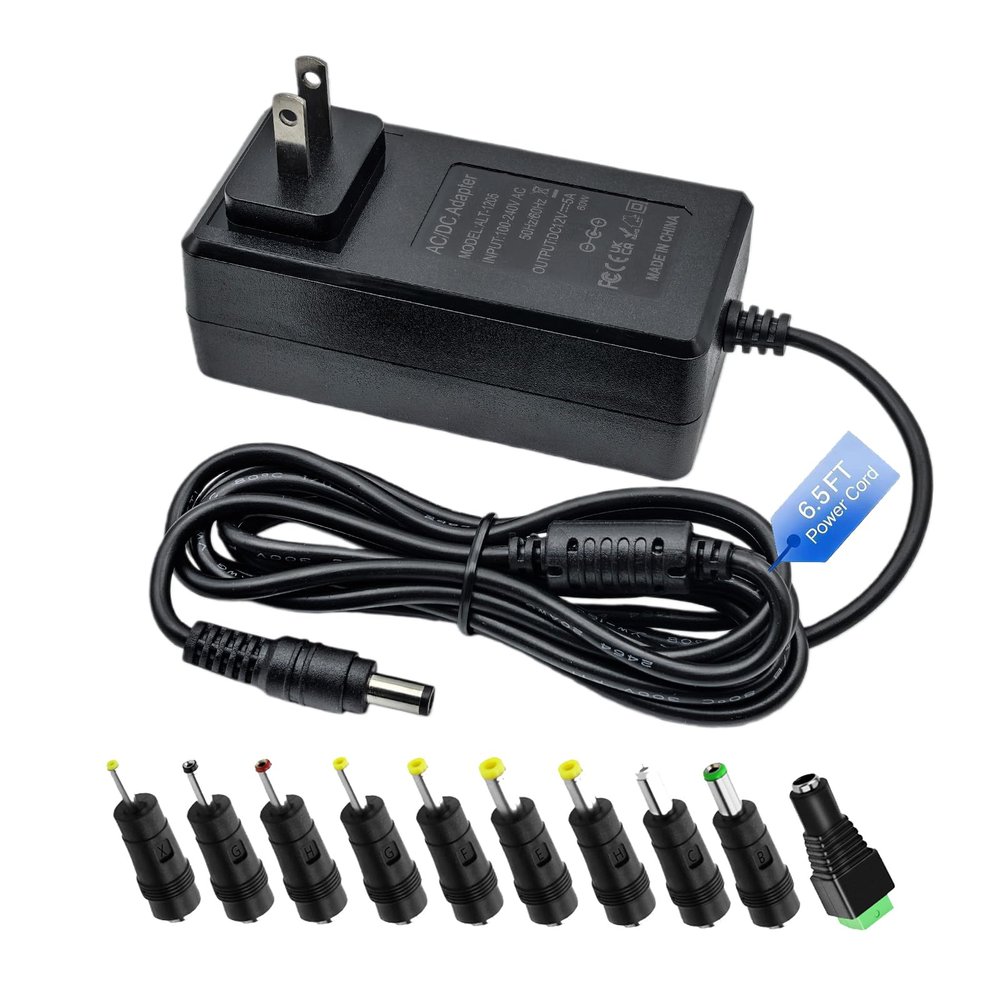 12V 5A Power Supply Adapter DC 12V Power Cord AC 100-240V 50/60Hz to DC 12 Volt 5 Amp 60W Universal Conversion Transformer with 10 Tips for LED Light Strips, Surveillance Cameras, Speakers