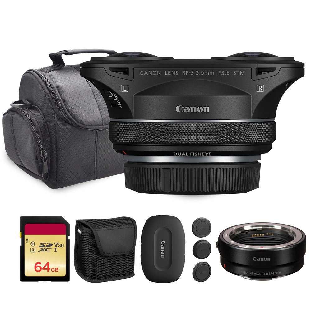 Canon RF-S 3.9mm f/3.5 STM Dual Fisheye Lens | Compact APS-C VR Lens with Dual Optics, Smooth STM AF & Lightweight Design | for VR, Immersive Video & 3D Content (6578C002) + Adapter EF-EOS R + More