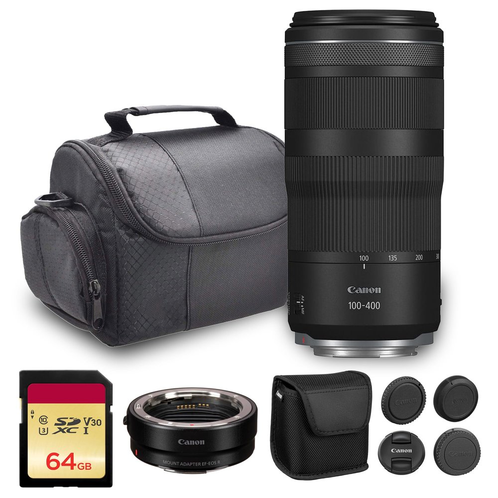Canon RF 100-400mm f/5.6-8 is USM Lens | Lightweight Telephoto Zoom with Optical Image Stabilization, Fast Nano USM AF | for Wildlife & Sports Photos (5050C002) + Adapter EF-EOS R + 64GB Card + Bag