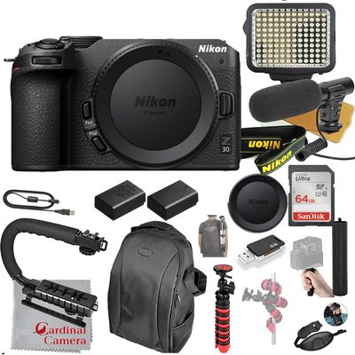 Nikon Z30 Mirrorless Camera Body Only Video Bundle + LED Video Light + Microphone + Ultra Speed 64GB Memory (24pc Bundle)