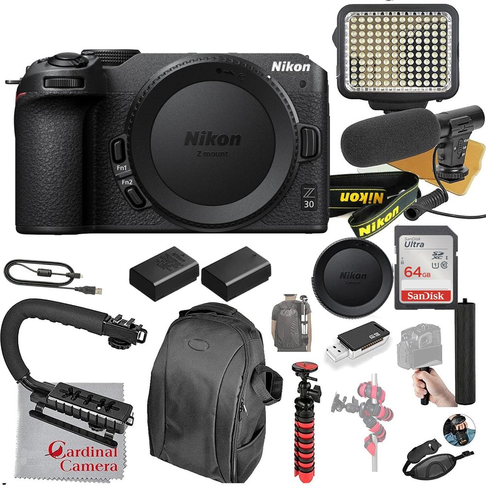 Nikon Z30 Mirrorless Camera Body Only Video Bundle + LED Video Light + Microphone + Ultra Speed 64GB Memory (24pc Bundle)