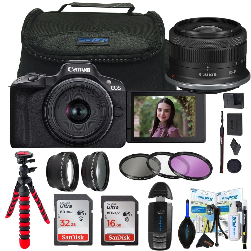 Canon EOS R50 Mirrorless Vlogging Camera (Black) w/RF-S18-45mm F4.5-6.3 is STM Lens (Renewed) (Camera w/RF-S18-45mm Lens + Sunshine Advanced Bundle)