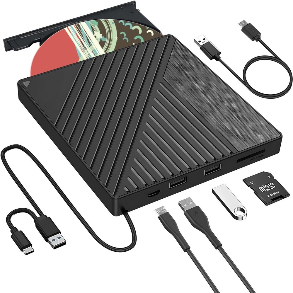 [5 in 1] External CD DVD Drive for Laptop, Portable CD Player with SD/TF Card Reader 2 USB Ports, Portable RW DVD CD Burner Optical CD/DVD Drive for Laptop, Desktop PC, Windows 7/8.1/10, Linux,