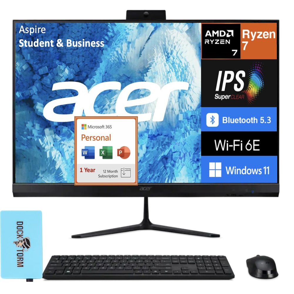 acer Aspire Student & Business All-in-One 27" FHD (AMD Ryzen 7 5825U, 16GB DDR4, 1TB PCIe SSD, AMD Radeon, Win 11 Pro) w/MS 365 Personal, DKZ USB Port Expander