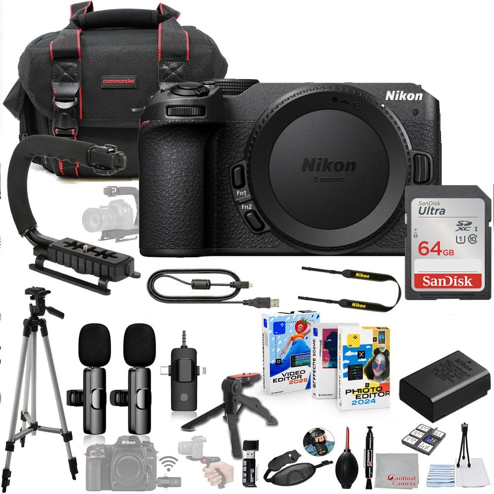 Nikon Z30 Mirrorless Camera Body Bundle + Wireless Microphone System + Accessory Package Including 64GB Memory, U-Grip, Case, Tripod, Software and More (27 Items)
