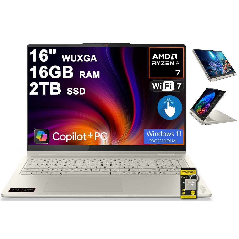 Lenovo Yoga 7 2-in-1 Laptop 16" WUXGA IPS Touch (Glossy Anti-fingerprint) AMD 8-core Ryzen AI 7 350 (Up to 50 AI TOPS) 16GB RAM 2TB SSD For Creator Business Professional Win11Pro ICP Hub w/Copilot+ AI