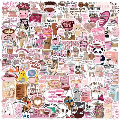 100PCS Coffee Lover Pink Sticker Pack, Waterproof Vinyl Decals for Water Bottles, Laptops, Journals, Cute Coffee Time Themed Decorative Stickers for Scrapbooking, Party Favors
