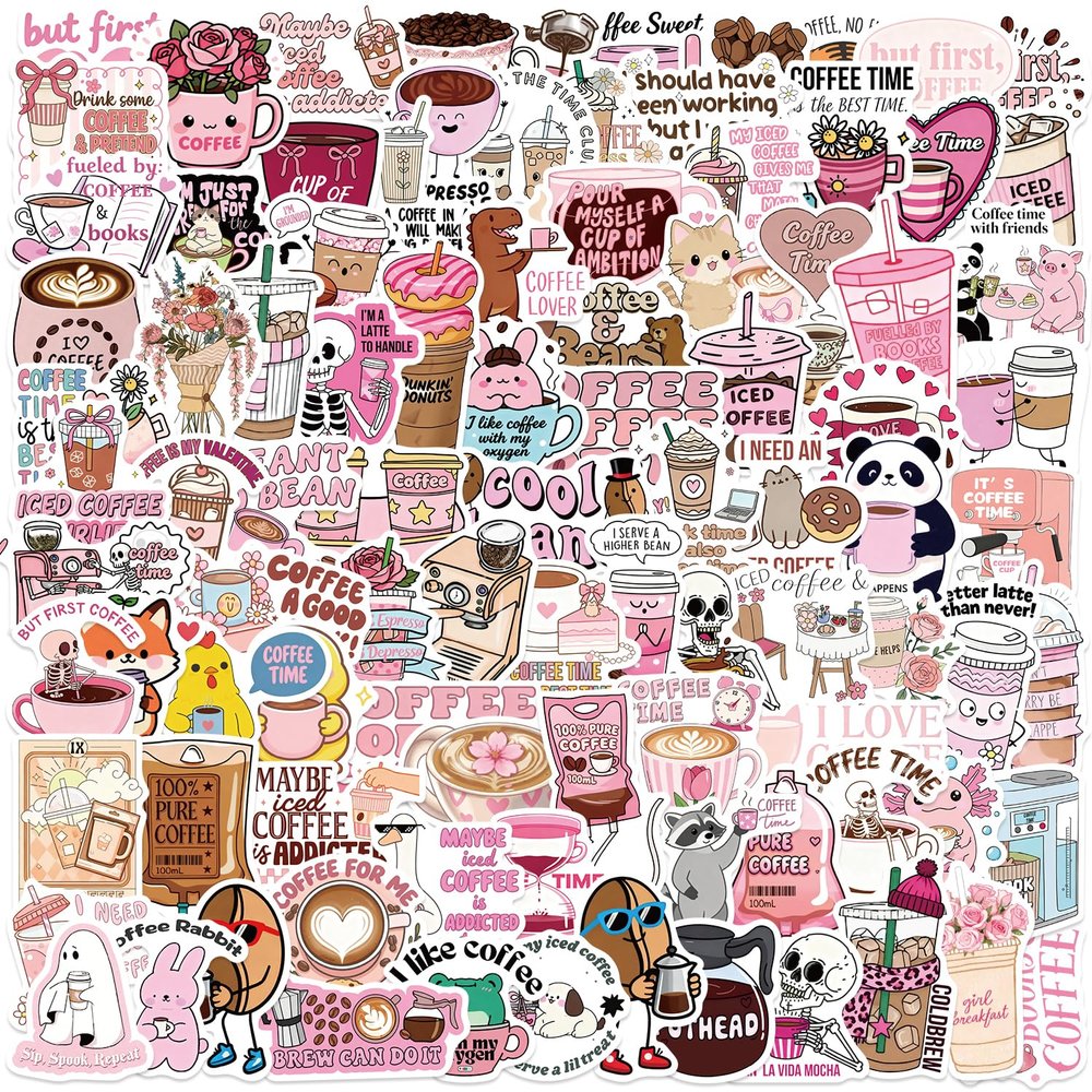 100PCS Coffee Lover Pink Sticker Pack, Waterproof Vinyl Decals for Water Bottles, Laptops, Journals, Cute Coffee Time Themed Decorative Stickers for Scrapbooking, Party Favors