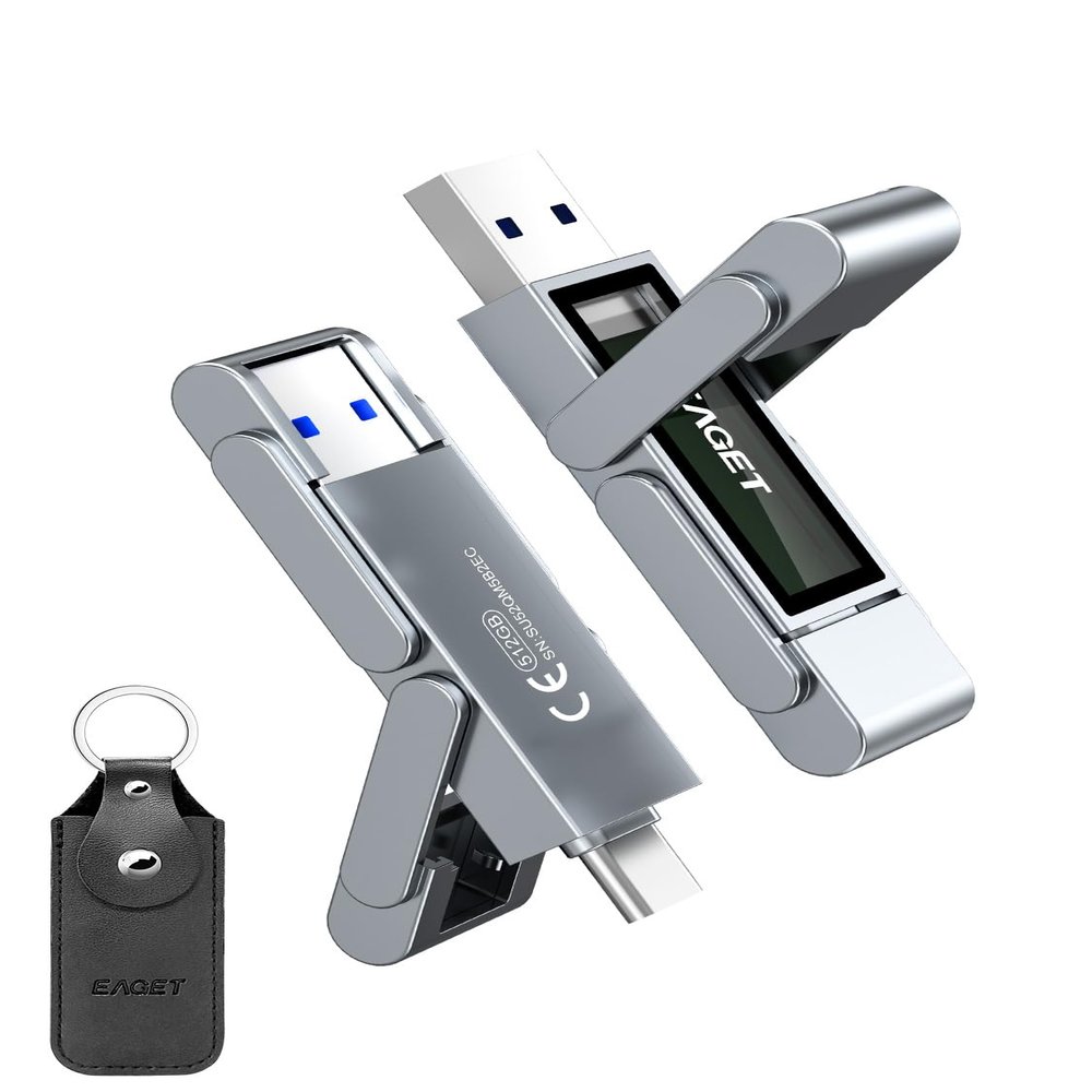 EAGET 512GB USB Flash Drive, USB-C Dual-Port Solid State Drive with USB 3.2, 560MB/s High-Speed Thumb Drive for iPhone 15/16/17 Pro, Android, Mac, PC, PS5  Durable Metal Body & Portable SSD