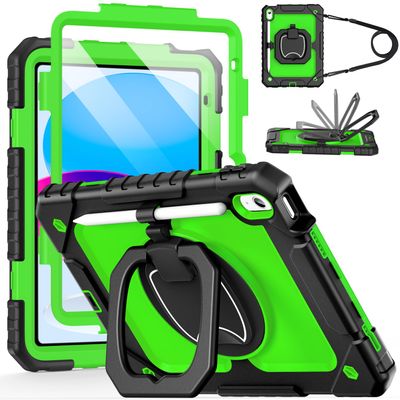 Cantis Case for iPad (A16) 11th/ 10th Generation 11/10.9 Inch 2025/2022, Shockproof Case for iPad 11 with Screen Protector/Rotating Stand/Adjustable Shoulder Strap/Pen Holder, Black+Green