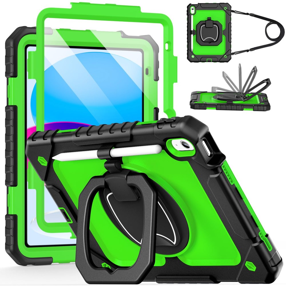 Cantis Case for iPad (A16) 11th/ 10th Generation 11/10.9 Inch 2025/2022, Shockproof Case for iPad 11 with Screen Protector/Rotating Stand/Adjustable Shoulder Strap/Pen Holder, Black+Green