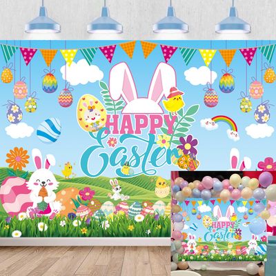 Happy Easter Backdrop Cartoon Colorful Eggs Bunny Rabbit Chick Floral Green Grass Spring Easter Photography Background for Kids Baby Shower Birthday Party Decor Banner Photo Props (8x6FT)