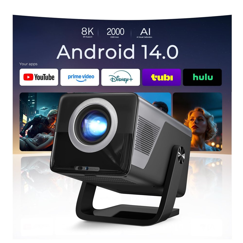 [8K 4K Support/2000 ANSI/AI Visual Calibration] Native 1080P UHD Projector with Android 14 OS,X7 Smart Projector with Hi-Res Audio,Auto Focus&Keystone,WiFi 6&Bluetooth 5.4,200" Screen for Home Outdoor