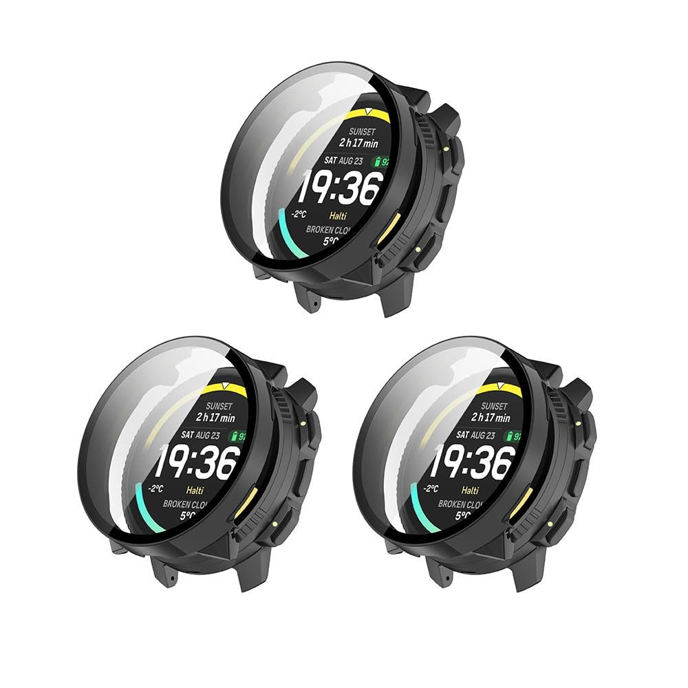 3 Pack Hard Case for SUUNTO Vertical 2 with Screen Protector, Hard PC Protective Case Shockproof Anti-Scratch Bumper Cover with Tempered Glass (Black/Black/Black)