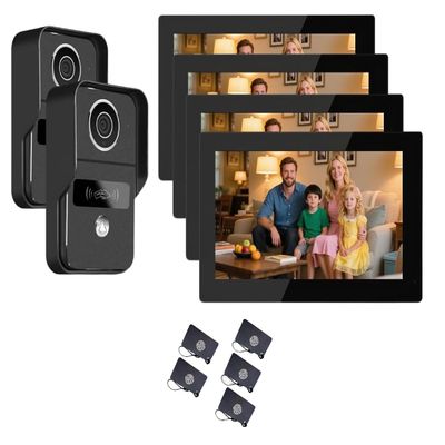 2-Wire Video Intercom Complete Set,WiFi Video Doorbell,1080P Camera 7 Inch Touch Monitor,WiFi Video Door Phone Kit for Home,Doorbell Camera,Video Speech (2 Black Bell+4 Black Monitor)