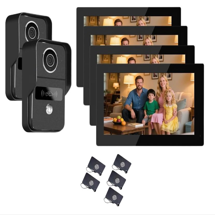 2-Wire Video Intercom Complete Set,WiFi Video Doorbell,1080P Camera 7 Inch Touch Monitor,WiFi Video Door Phone Kit for Home,Doorbell Camera,Video Speech (2 Black Bell+4 Black Monitor)