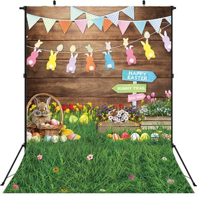 Easter Backdrops for Photography 8x10FT Spring Flower Egg Rabbit Green Grass Wooden Wall Background Kids Newborn Easter Party Decorations Portrait Photo Props