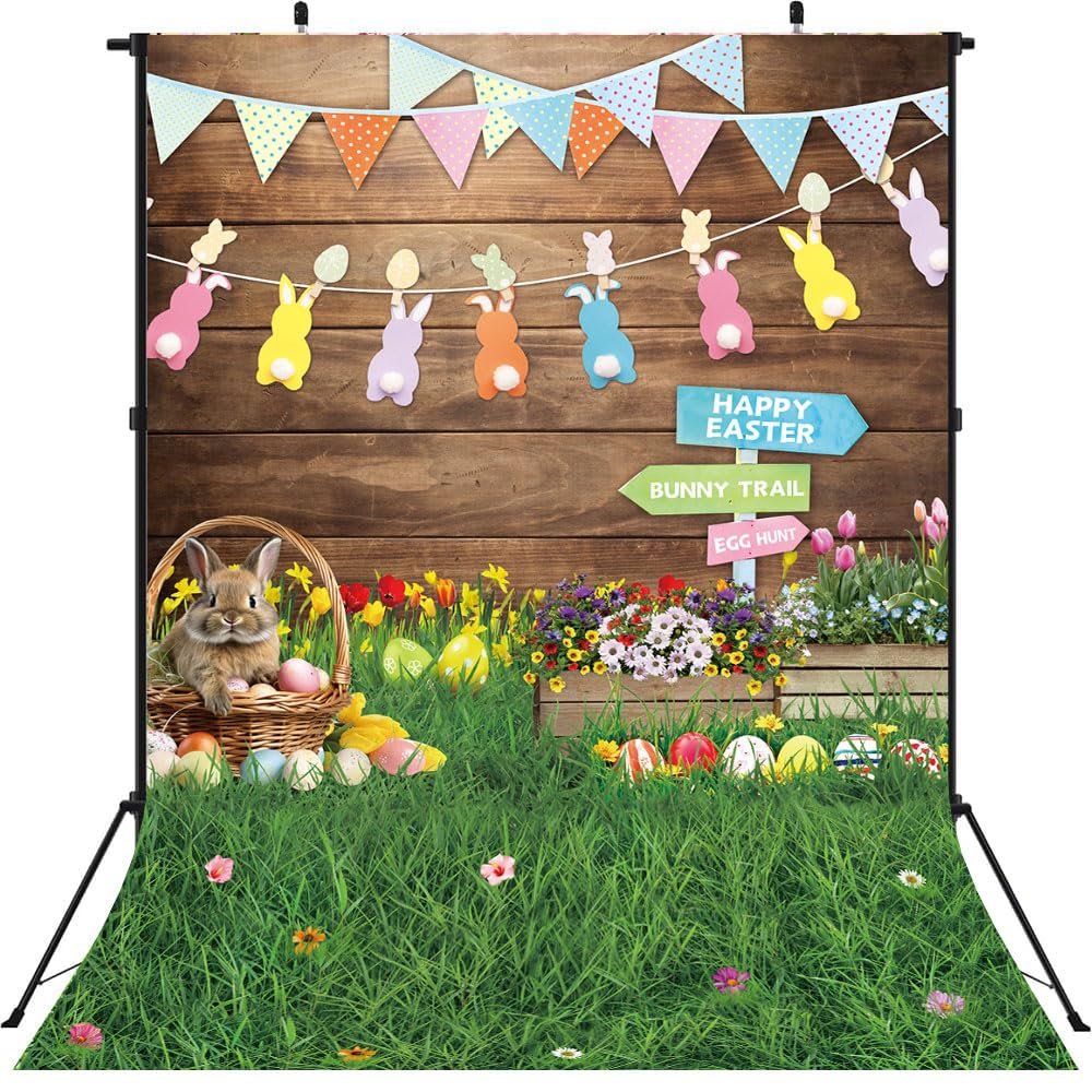 Easter Backdrops for Photography 8x10FT Spring Flower Egg Rabbit Green Grass Wooden Wall Background Kids Newborn Easter Party Decorations Portrait Photo Props