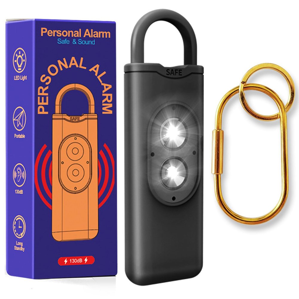 Halo-Siren Keychain, HaloSiren Personal Safety Alarm - 130db Loud Alarm Keychain with LED Strobe Light, Compact Emergency Siren (Double Flashing Lights - Black + Copper Ring)