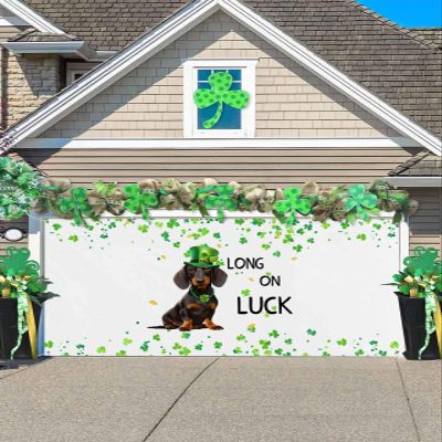 St. Patrick's Day Garage Door Banner 6.9 x 16ft Watercolor Green Plaid Stripes Lucky Shamrocks Linen Texture Large Garage Door Covers Decorative Backdrop Banners for Indoor Outdoor Photography