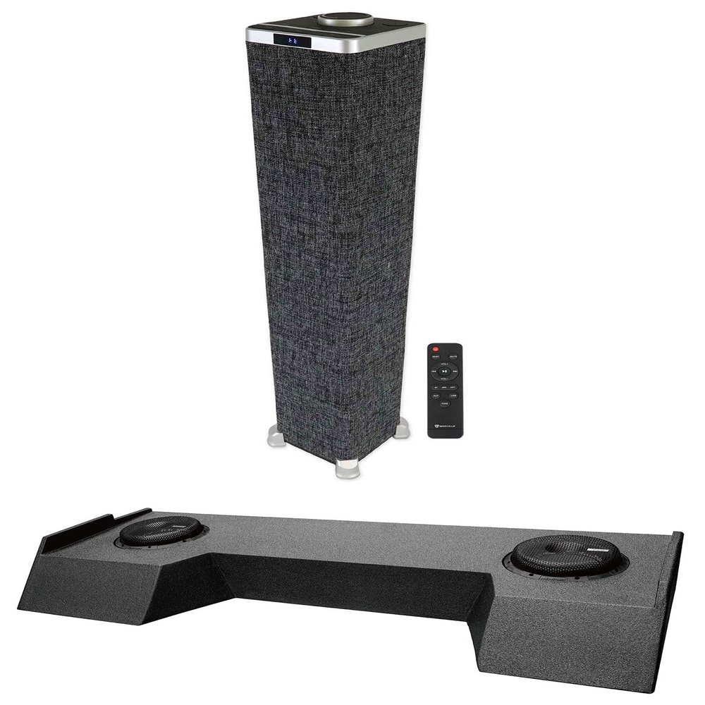 Memphis Audio MJME19RAM8D1 V2 Bundle: Dual 8" 3600W Peak/1800W RMS Subwoofer w/Enclosure Fits 2019 Up RAM Crew Cab, ONE-Tower 200W Peak/ 60W RMS Bluetooth Tower Speaker HDMI/Optical/RCA, 2-Items