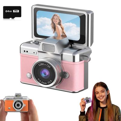 Mini Digital Camera with 1.47 in LCD Screen, 1080P Flip Screen Mini Camera with Built-in Flash & Flip Display, Portable Keychain Camera for Travel & Daily Use, with a 64GB Memory Card (Pink)