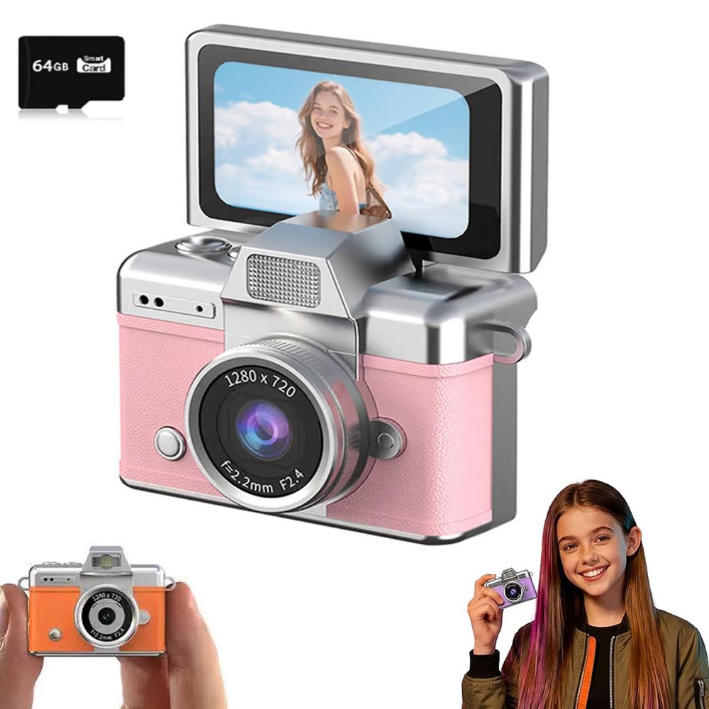Mini Digital Camera with 1.47 in LCD Screen, 1080P Flip Screen Mini Camera with Built-in Flash & Flip Display, Portable Keychain Camera for Travel & Daily Use, with a 64GB Memory Card (Pink)