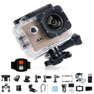 4K Action Camera, Waterproof WiFi Sports Camcorder, Ultra-Wide Lens Outdoor Adventure Gear for Diving Cycling Skiing (Gold, 64G)