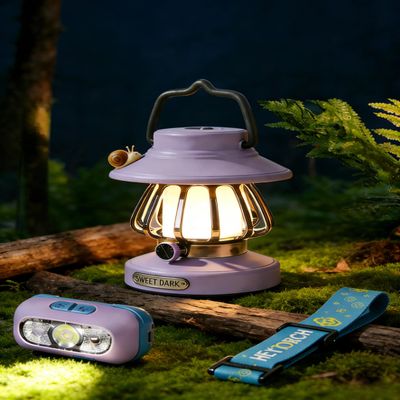 ChicLumen Kids Camping Light Set - Rechargeable Lantern & Motion Sensor Headlamp with USB-C Charging, 3 Color Dimmable Night Light for Boys Girls Indoor Outdoor Adventures (Purple)