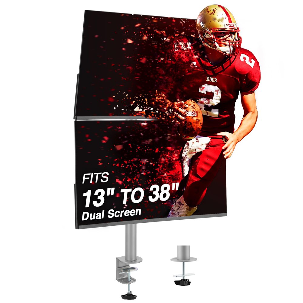 AVLT 38" Vertical Ultrawide Monitor Mount Gray Two Stacked 26.5 lbs Screens on Heavy-Duty Pole Save Workspace with Fine-Tune Height Tilt Swivel Rotate Adjustment C-clamp and Grommet Mounting Stand