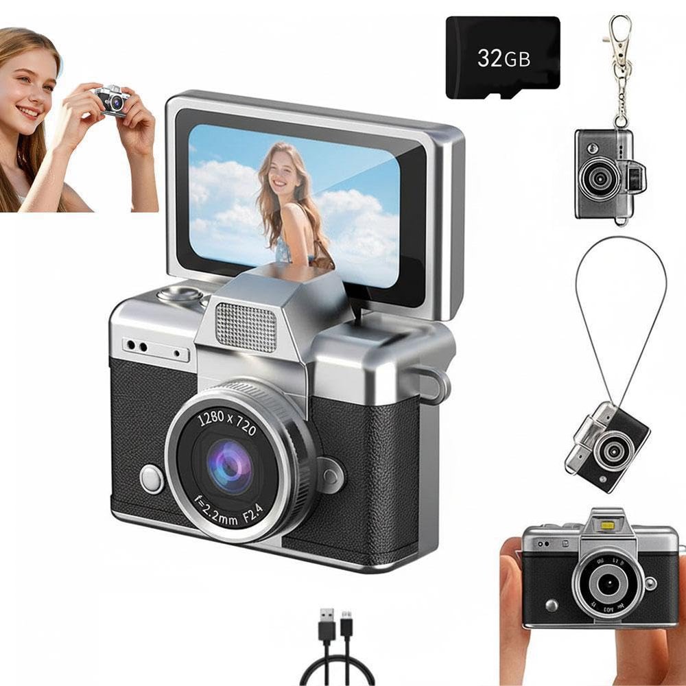 2026 New Mini Digital Camera with 1.47 in LCD Screen 1080P, Mini Keychain Retro Camera with 32GB Card,Retro Digital Cameras with Lanyard, Keychain Size, Birthday Gifts