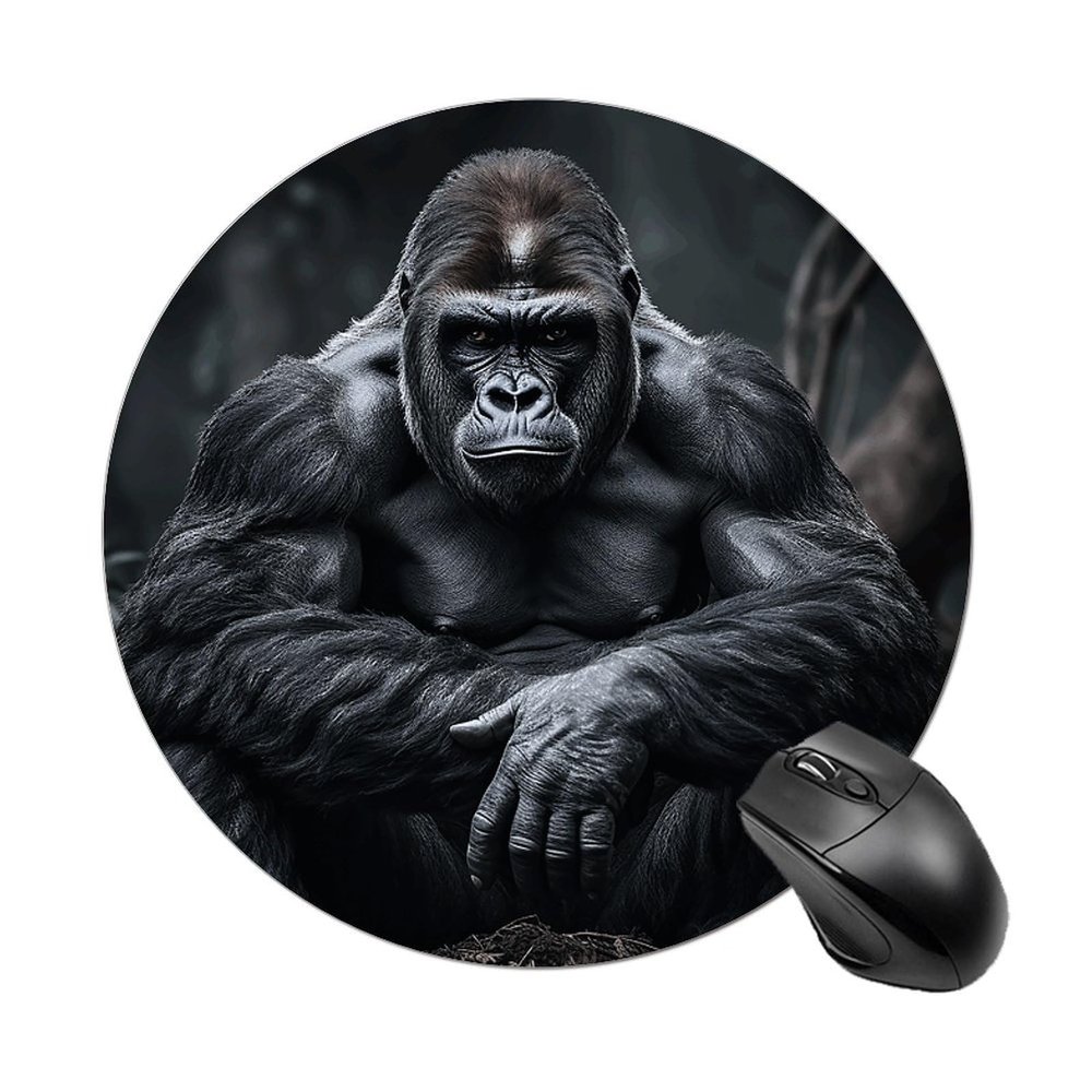 Gorilla on The Ground Mouse Pad Cute Round Computer Mousepad Stitched Edges Gaming Mouse Mat Waterproof Desk Mat for Home Office Dorm Desktop Decor