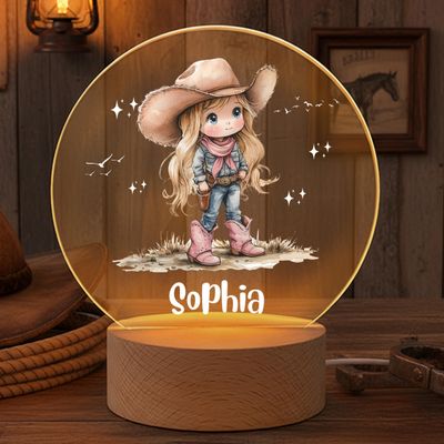 callie moment Personalized Night Light with Name, Custom Acrylic Lamp on Beech Base, Room Decor Night Lamp, Birthday Gifts for Kids (Cute Cowgirl)