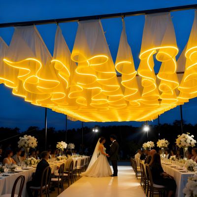 100m Total Ceiling Drapes with Lights for Weddings, 10 Panels Luminous Ceiling Veil, Sheer Tulle Backdrop Photo Background Drapes for Wedding Ceremony Birthday Party Arch Decoration 40cmH-Yellow