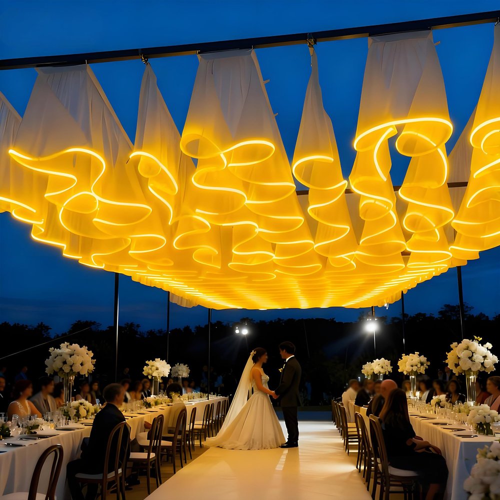 100m Total Ceiling Drapes with Lights for Weddings, 10 Panels Luminous Ceiling Veil, Sheer Tulle Backdrop Photo Background Drapes for Wedding Ceremony Birthday Party Arch Decoration 40cmH-Yellow