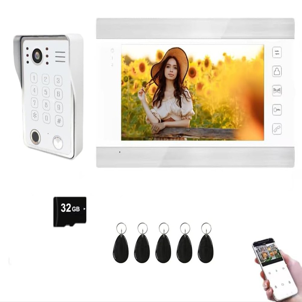 ANJIELO SMART Wired Video Intercom System,7 Inches Video Doorbell Camera with Monitor(White),Wired Video Door Phone,5 in 1 Unlcking,Night Vision for Villa Apartment Home (1 White Bell +1 Monitor)
