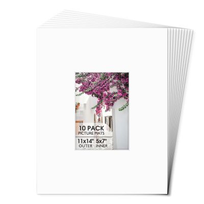 Space Art Deco, 10 Pack 11x14 Picture Mats for 5x7 Photo, Acid Free White Core Bevel Cut 4-Ply Thickness, Signature Mat Board Matte for Artwork (White)