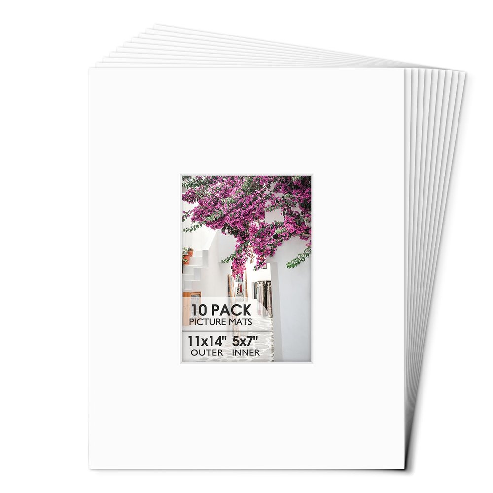 Space Art Deco, 10 Pack 11x14 Picture Mats for 5x7 Photo, Acid Free White Core Bevel Cut 4-Ply Thickness, Signature Mat Board Matte for Artwork (White)
