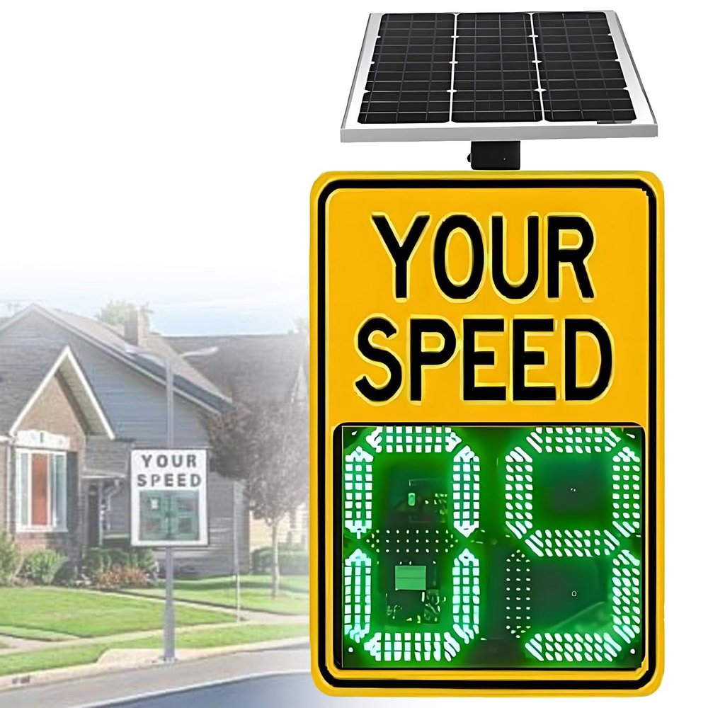 Digital Radar Speed Detector Sign,with Wireless Remote Control,Flashing Alert for Overspeed,Covering Four Lanes,Solar Speed Sign,for Highways,Speed-Limited Roads with Accessories Yellow-2028in