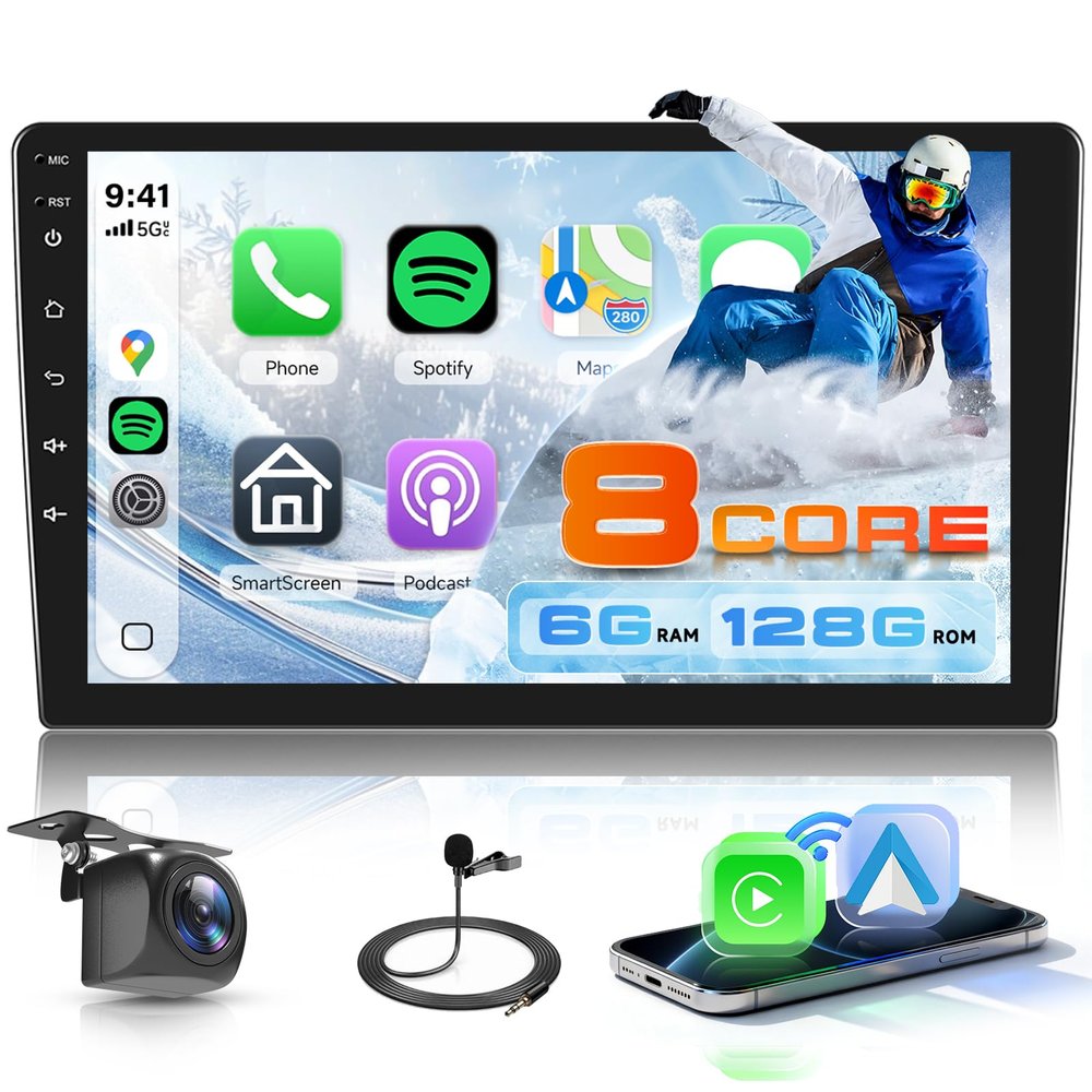 8 Core 6G+128G Android Stereo with Wireless Carplay and Android Auto, Driauto 1280P 10 Inch Double DIN Touchscreen Radio with Bluetooth Mirror Link WiFi GPS Steering Wheel Control FM/RDS DSP USB
