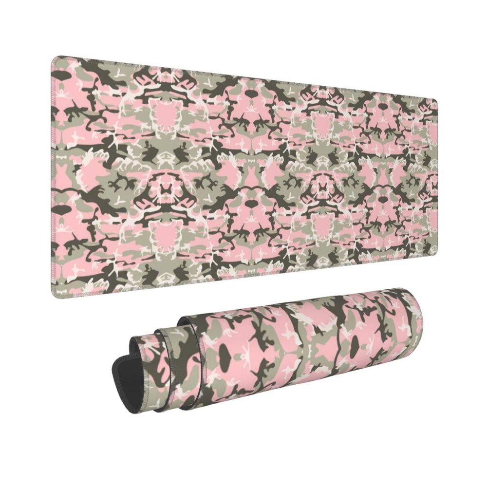 Pink and Green Camouflage, Military, Army Large Mouse Pad, 31.5x12 Inch Gaming Desk Mat, XXL Non-Slip Rubber Base Computer Pad with Durable Stitched Edges for Work and Play